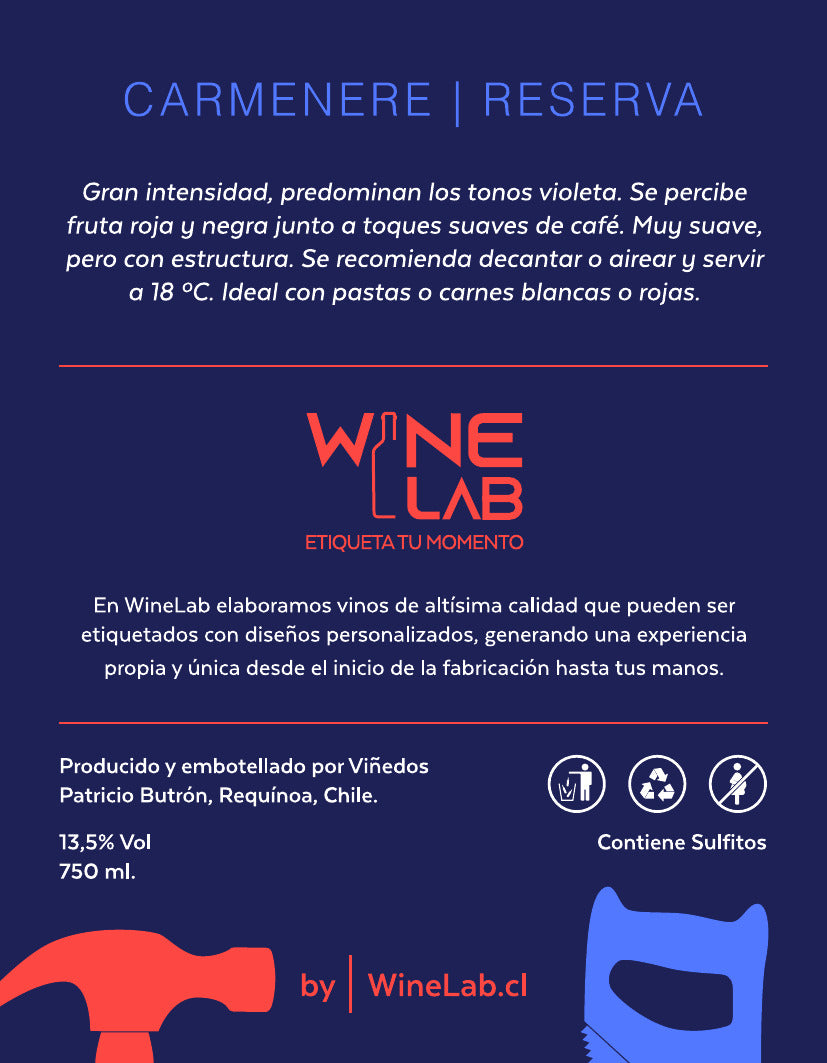 Contraetiqueta Día del Trabajador con notas de cata del Carmenere Reserva